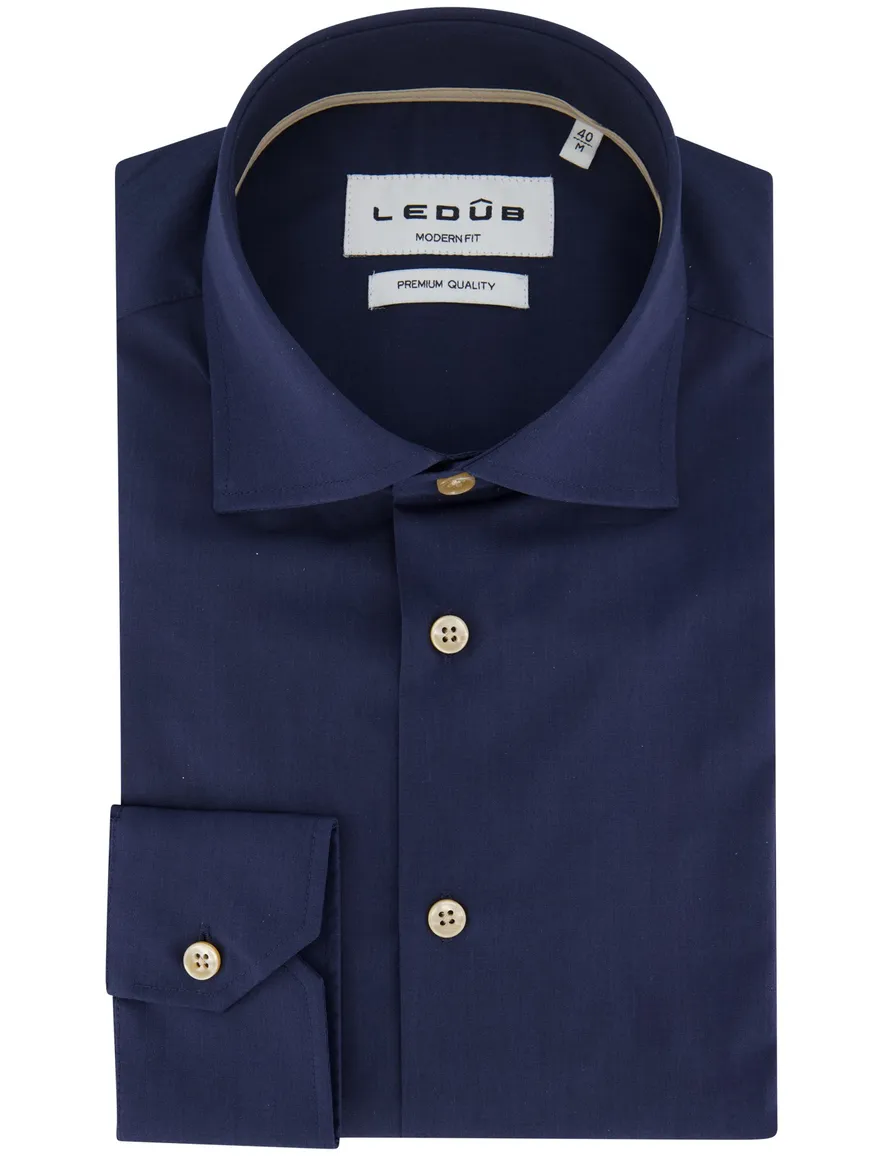 Ledub overhemd donkerblauw effen normale fit