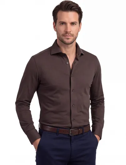 Ledub Ledub overhemd modern fit bruin katoen