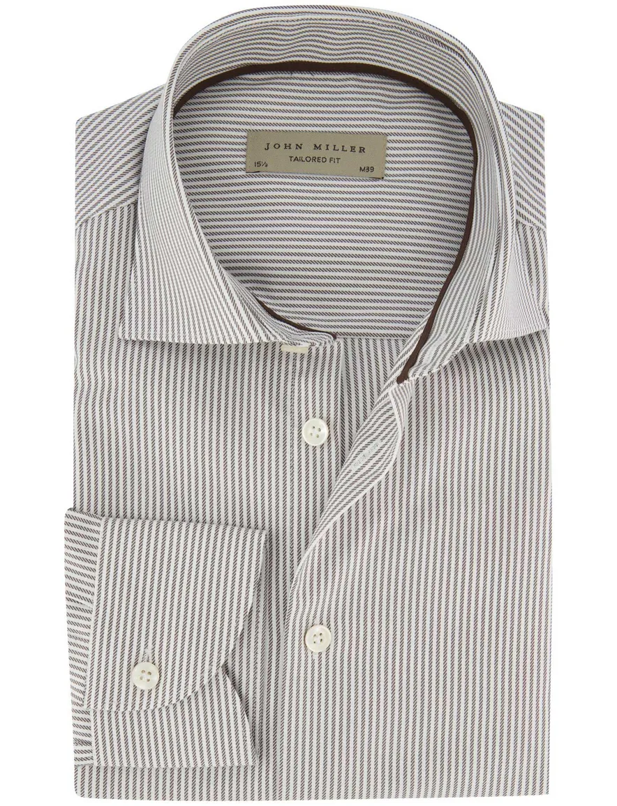 Overhemd John Miller Tailored Fit ml 5 bruin gestreept
