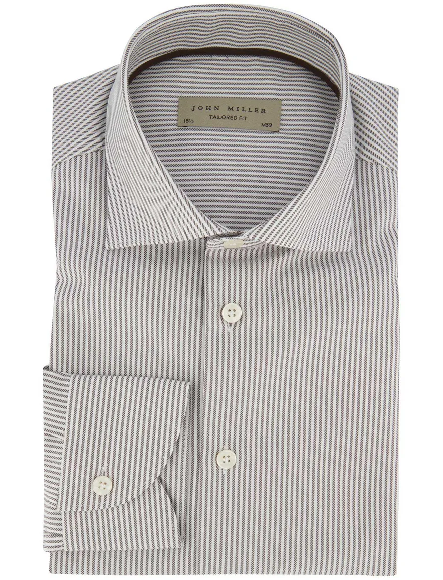 Overhemd John Miller Tailored Fit ml 5 bruin gestreept