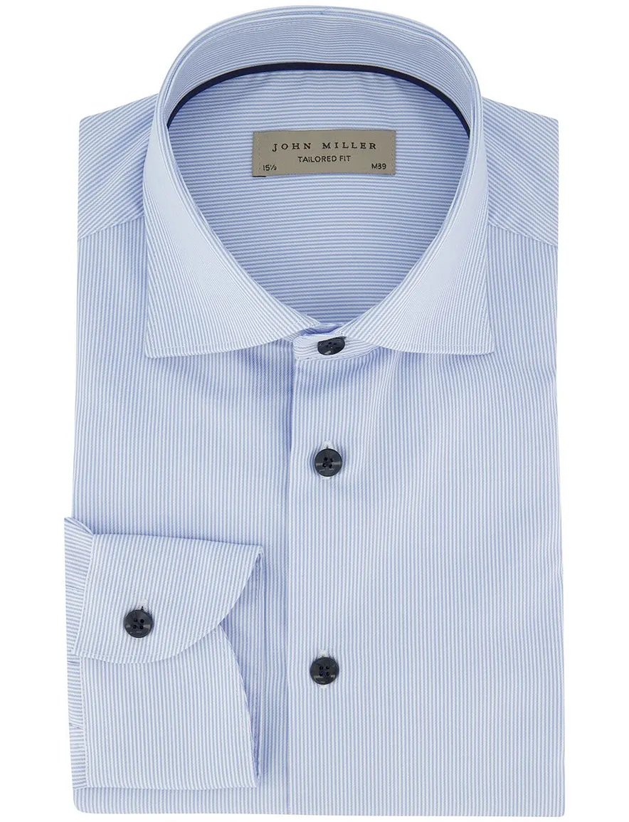 John Miller Tailored Fit Overhemd lichtblauw wit katoen gestreept