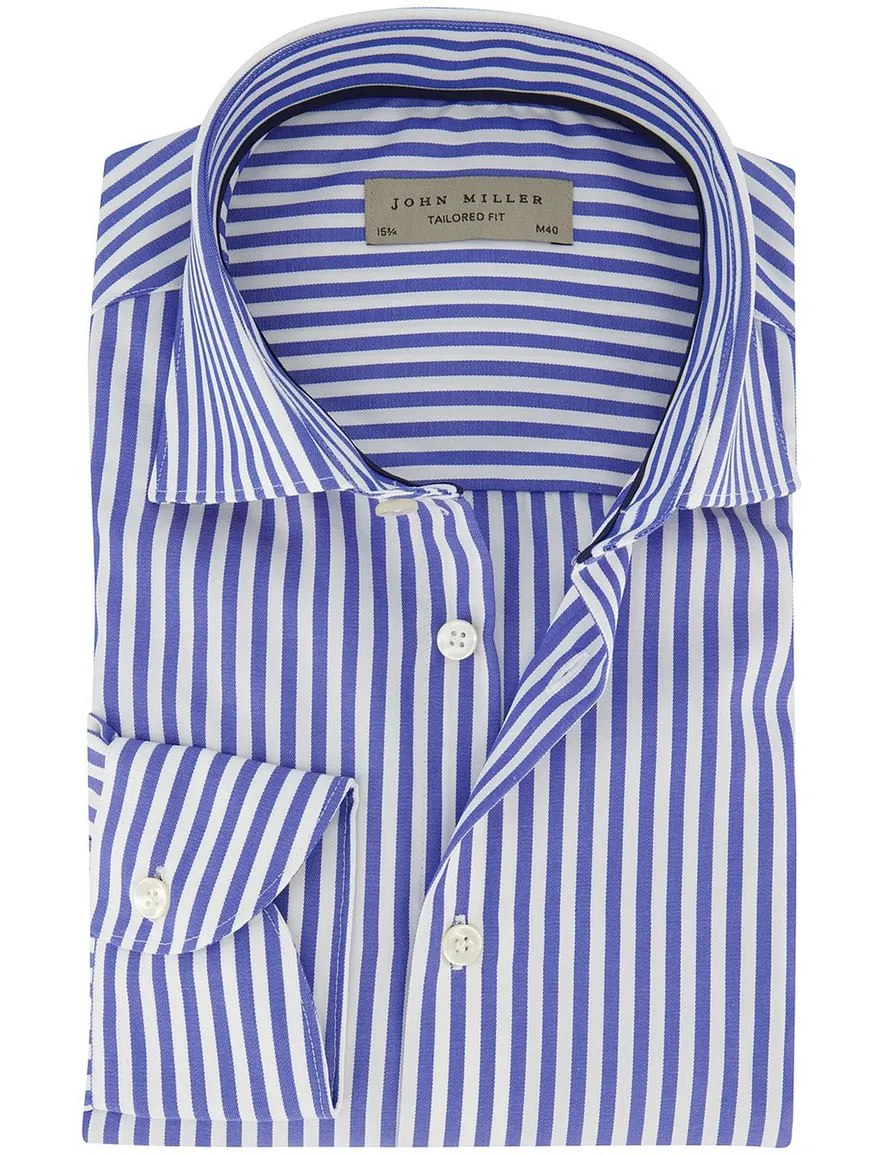 John Miller Tailored Fit Overhemd blauw wit katoen gestreept