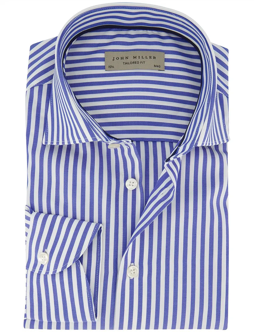 John Miller Tailored Fit Overhemd blauw wit katoen gestreept