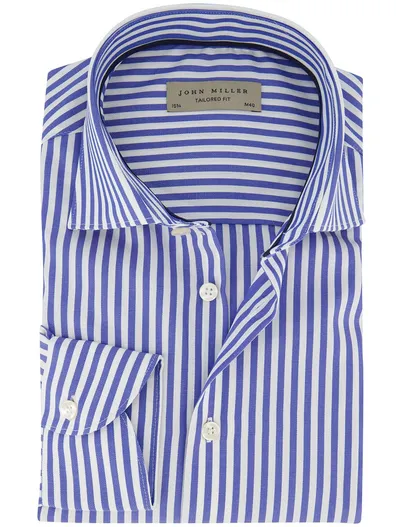 John Miller Overhemd John Miller Tailored Fit blauw wit gestreept katoen