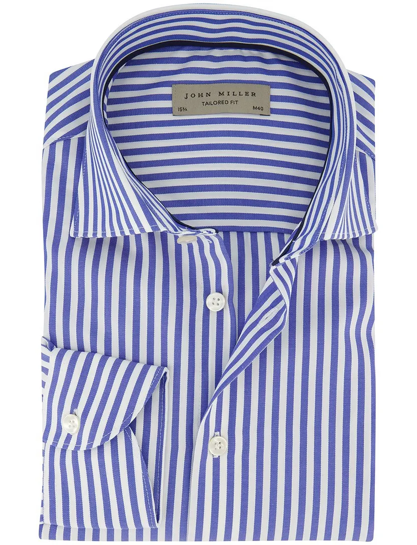 Overhemd John Miller Tailored Fit blauw wit gestreept katoen