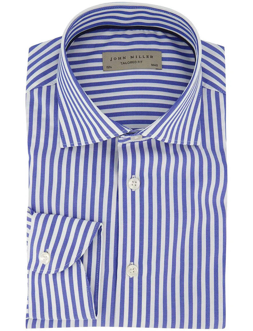 John Miller Tailored Fit Overhemd blauw wit katoen gestreept