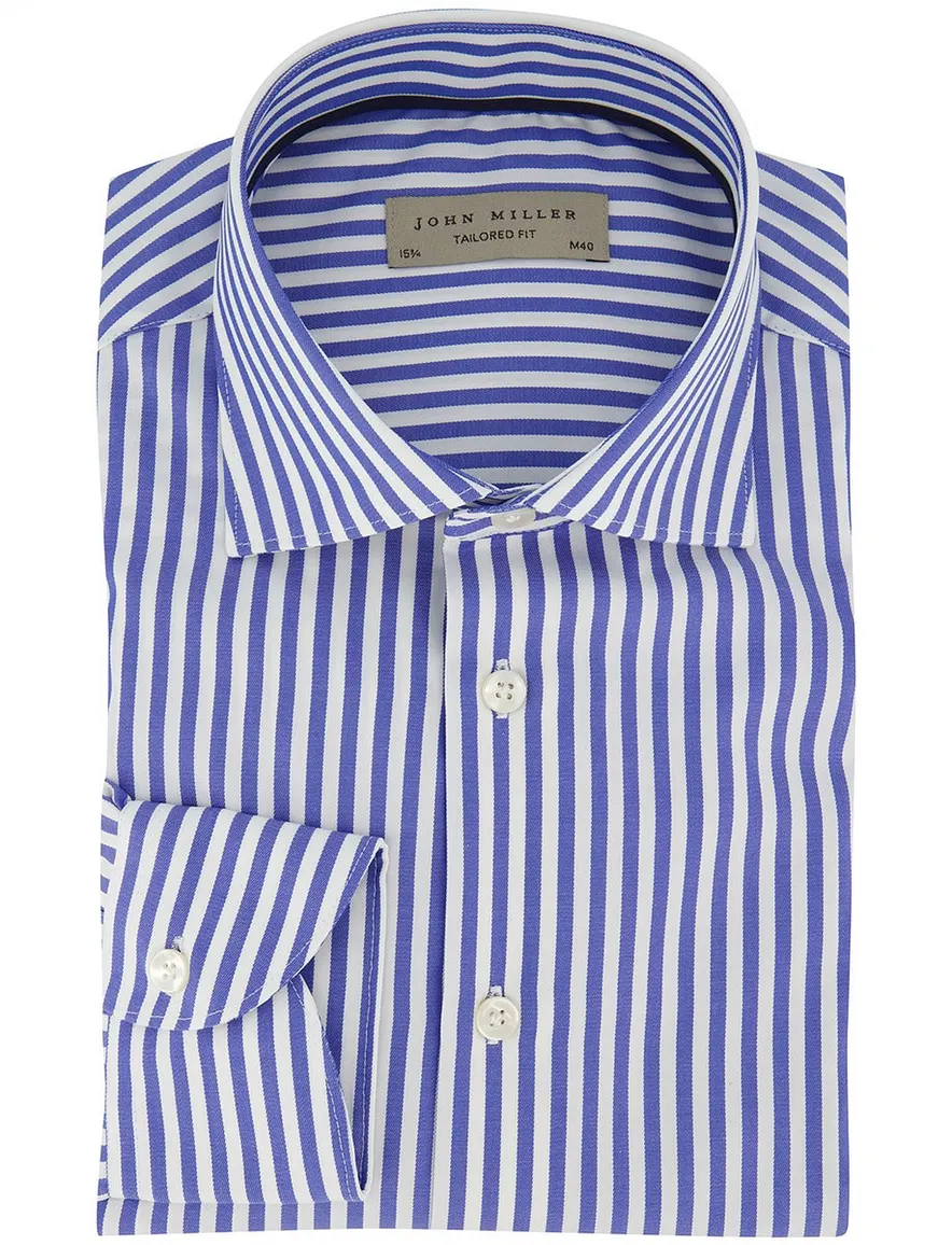 John Miller Tailored Fit Overhemd blauw wit katoen gestreept