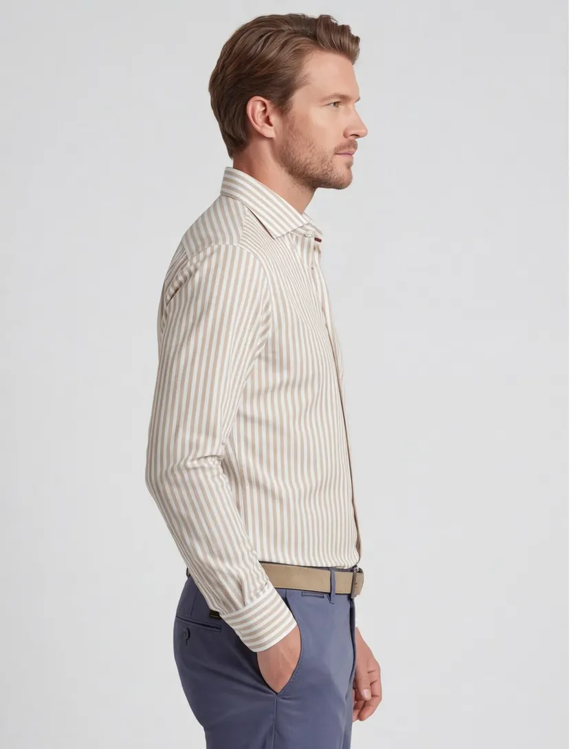Beige gestreept John Miller overhemd ml 5