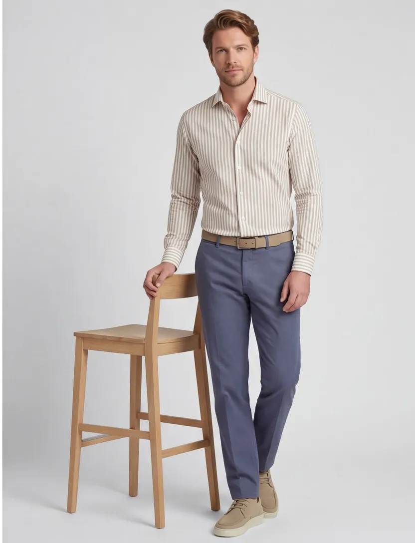 Beige gestreept John Miller overhemd ml 5