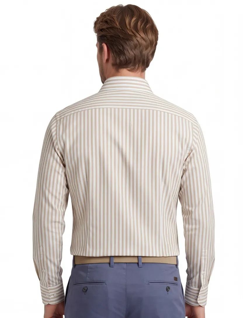Beige gestreept John Miller overhemd ml 5