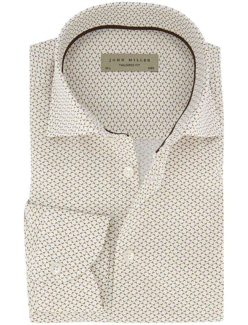 Overhemd John Miller Tailored Fit beige wit geprint katoen