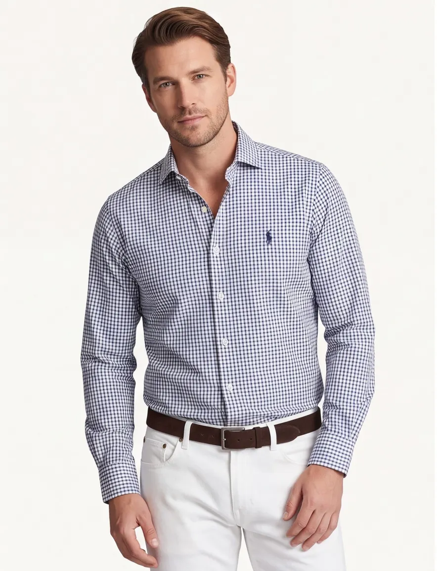 Overhemd Polo Ralph Lauren Custom Fit wit navy geruit katoen