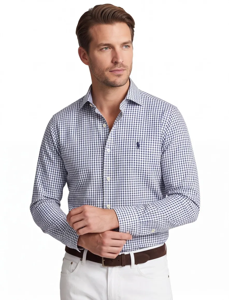 Overhemd Polo Ralph Lauren Custom Fit wit navy geruit katoen