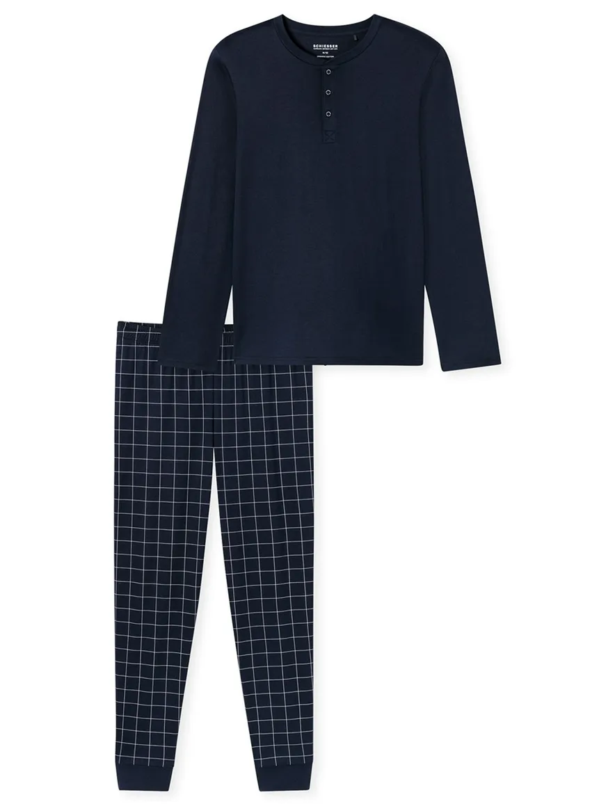 Schiesser lange pyjama donkerblauw geruit