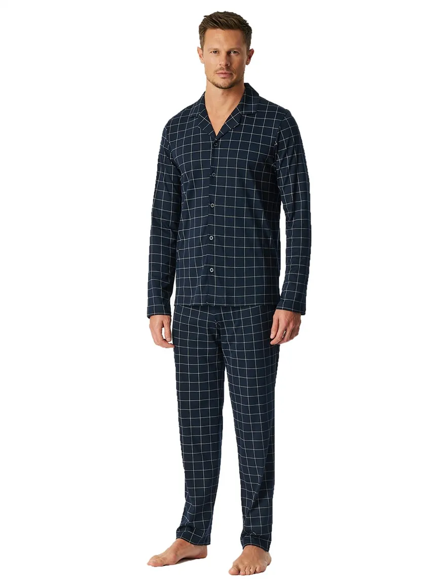 Schiesser pyjama donkerblauw geruit
