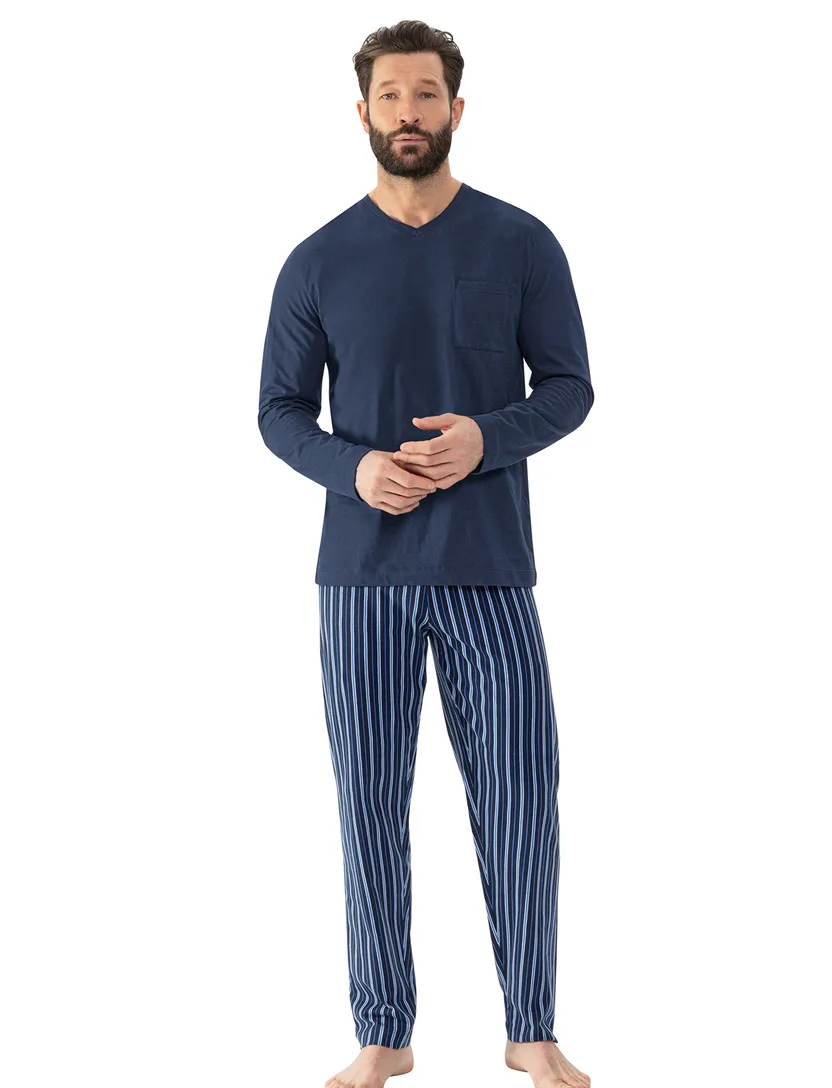 Mey Pyjama Blauw strepen katoen lange broek