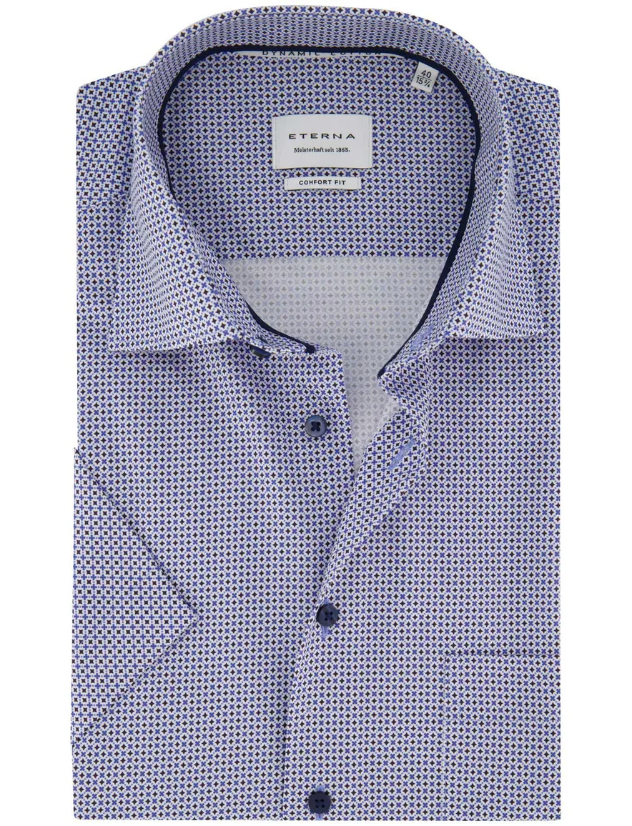 Blauw geprint overhemd Eterna Comfort Fit strijkvrij korte mouw