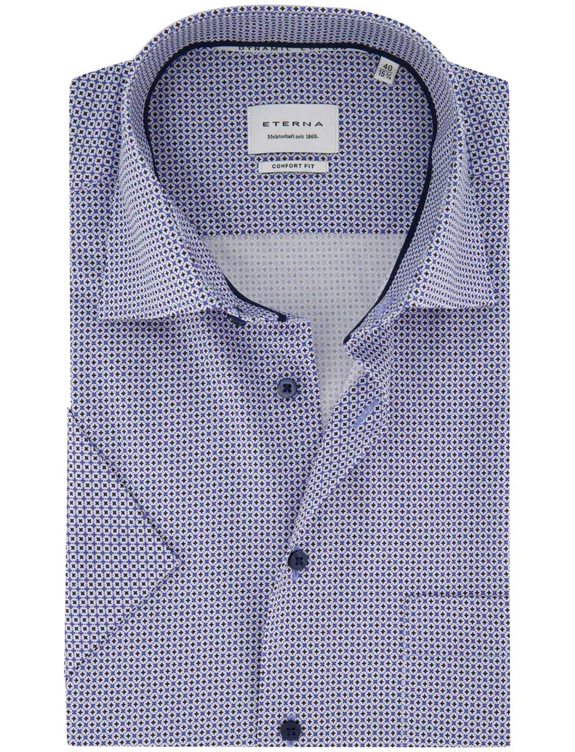 Strijkvrij overhemd blauw Eterna Comfort Fit geprint korte mouw