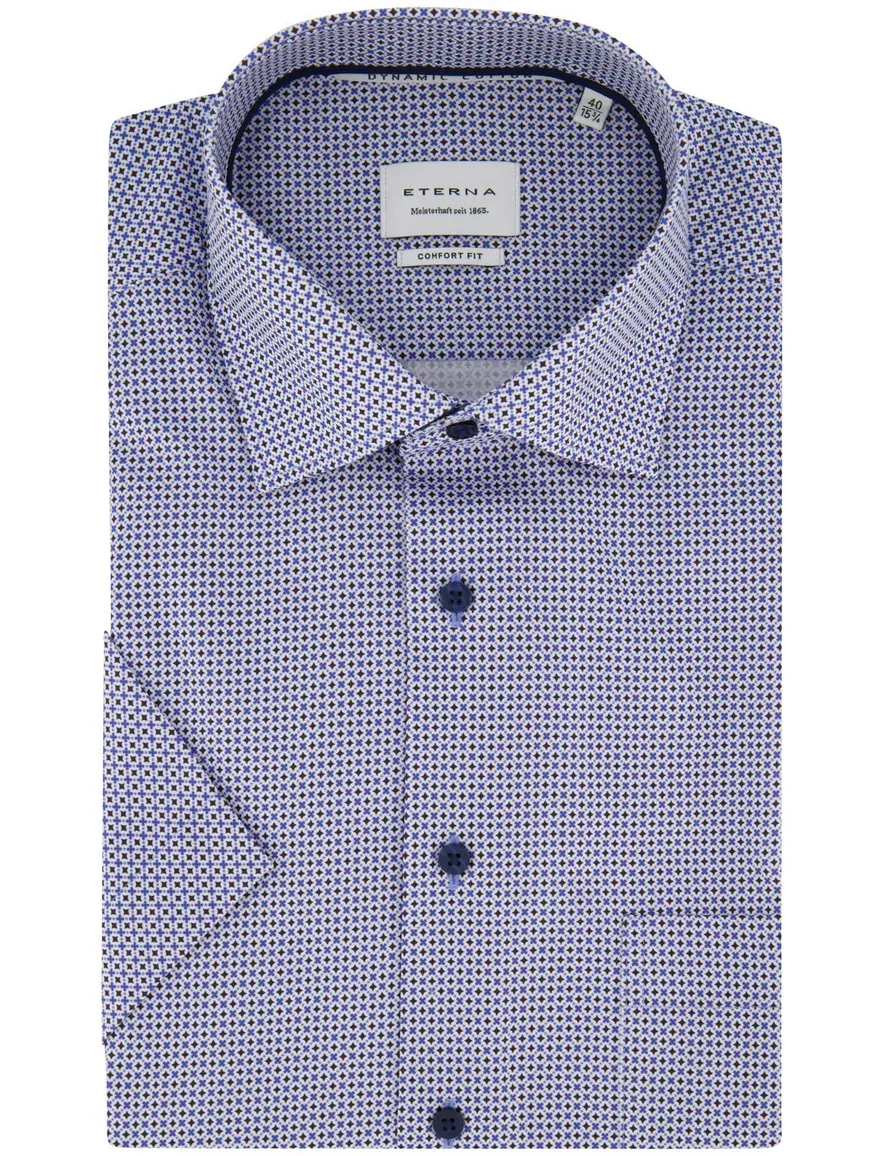Blauw geprint overhemd Eterna Comfort Fit strijkvrij korte mouw