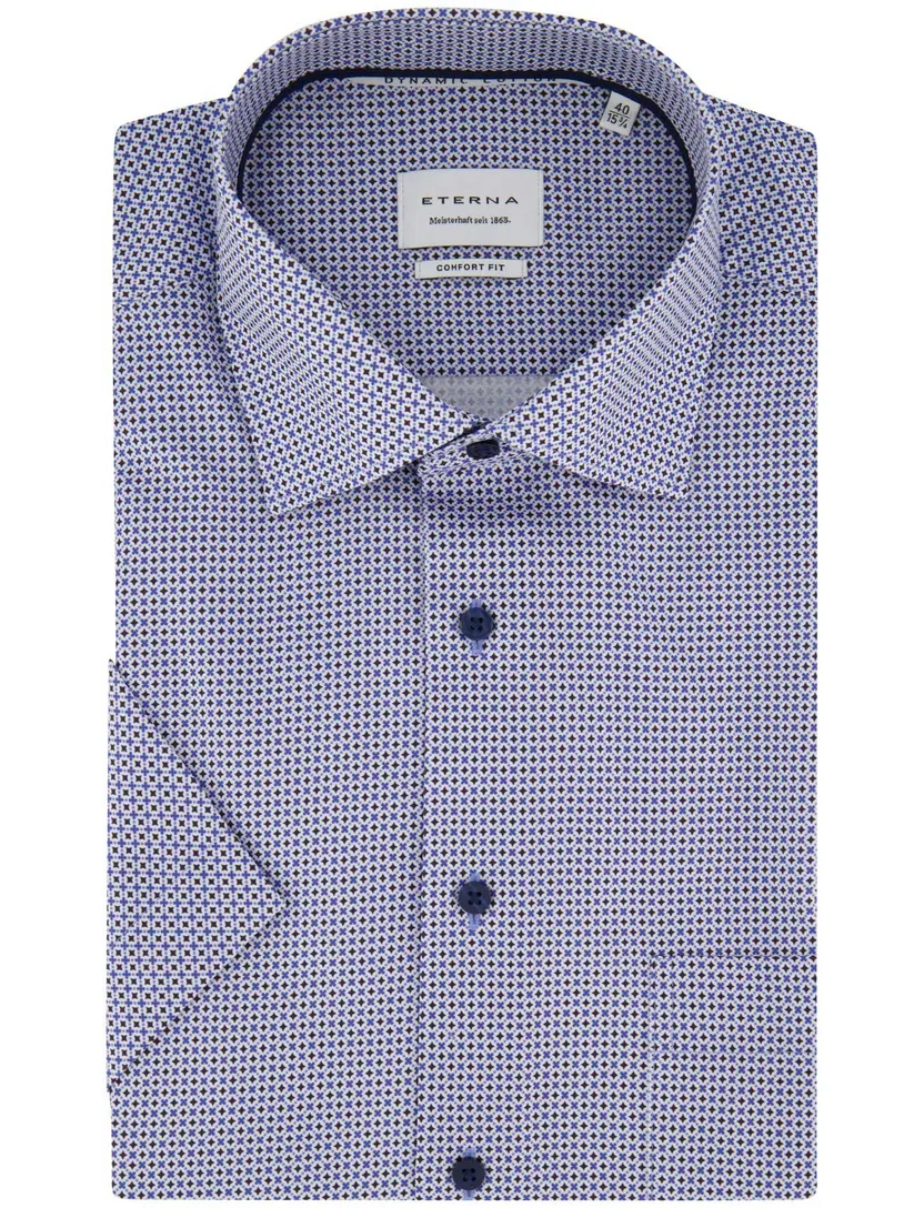Strijkvrij overhemd blauw Eterna Comfort Fit geprint korte mouw