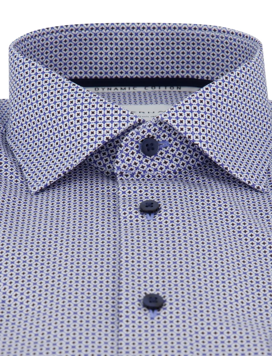 Blauw geprint overhemd Eterna Comfort Fit strijkvrij korte mouw