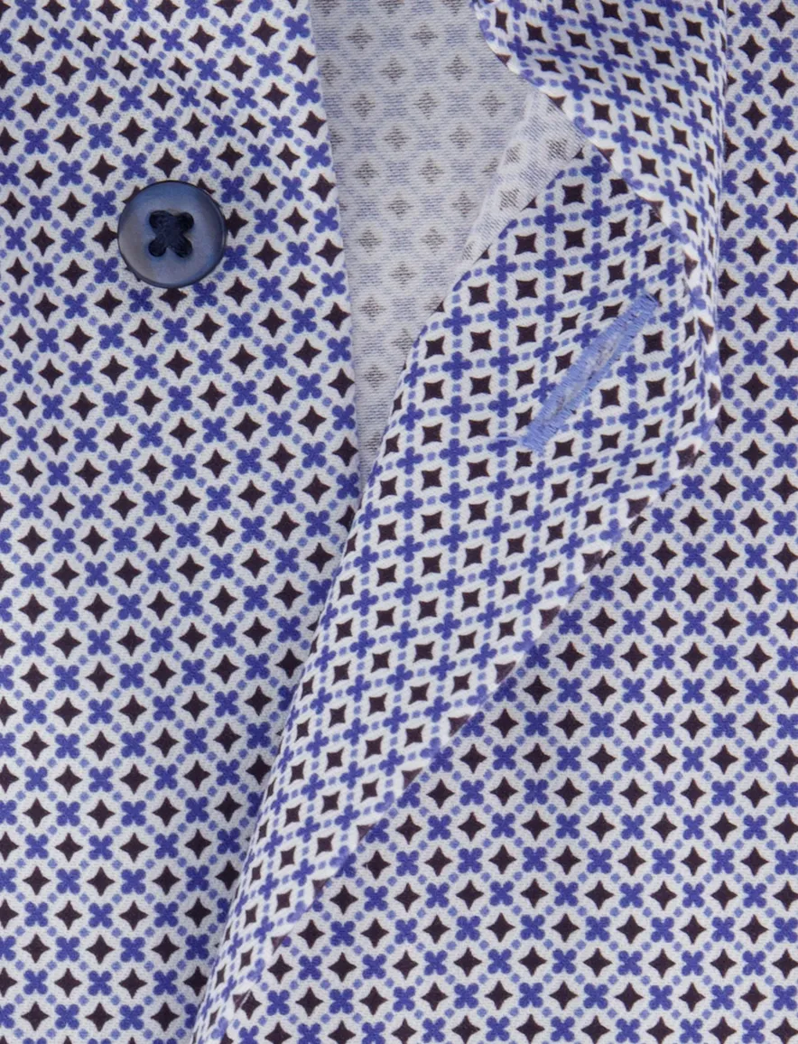 Blauw geprint overhemd Eterna Comfort Fit strijkvrij korte mouw