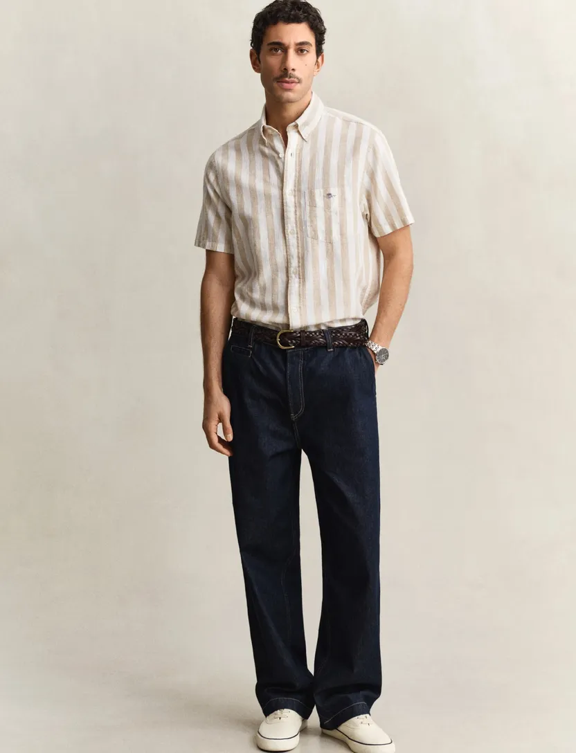 Gant overhemd beige streepjes korte mouw