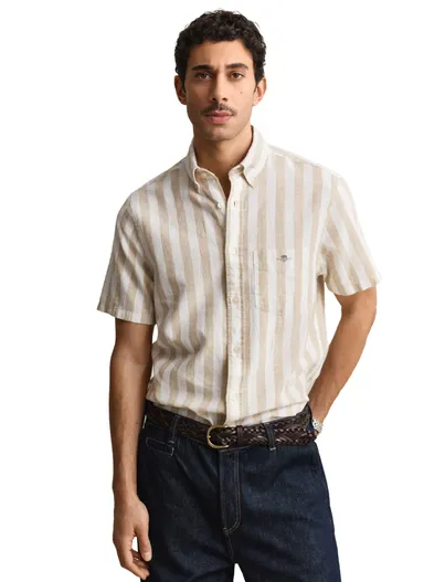 Gant Gant overhemd korte mouw gestreept beige