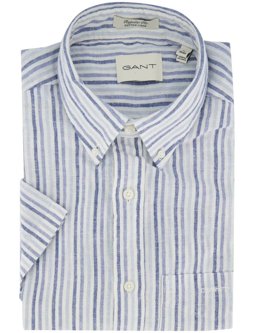 Gant overhemd korte mouw blauw streep linnen
