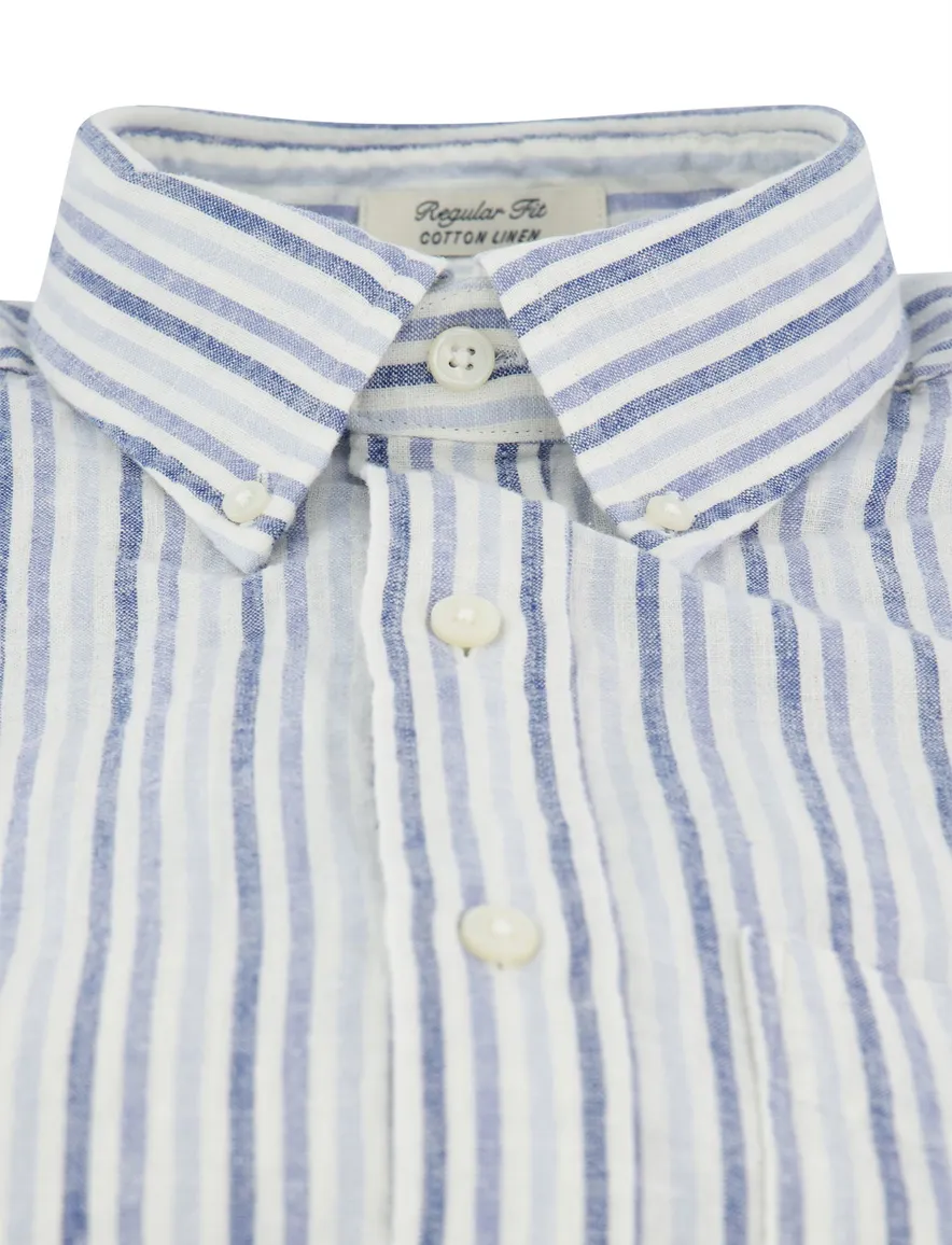 Gant overhemd korte mouw blauw streep linnen