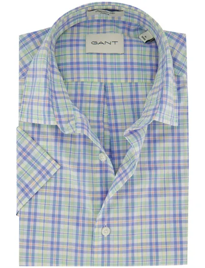 Gant Lichtblauw geruit overhemd Gant Regular Fit korte mouw