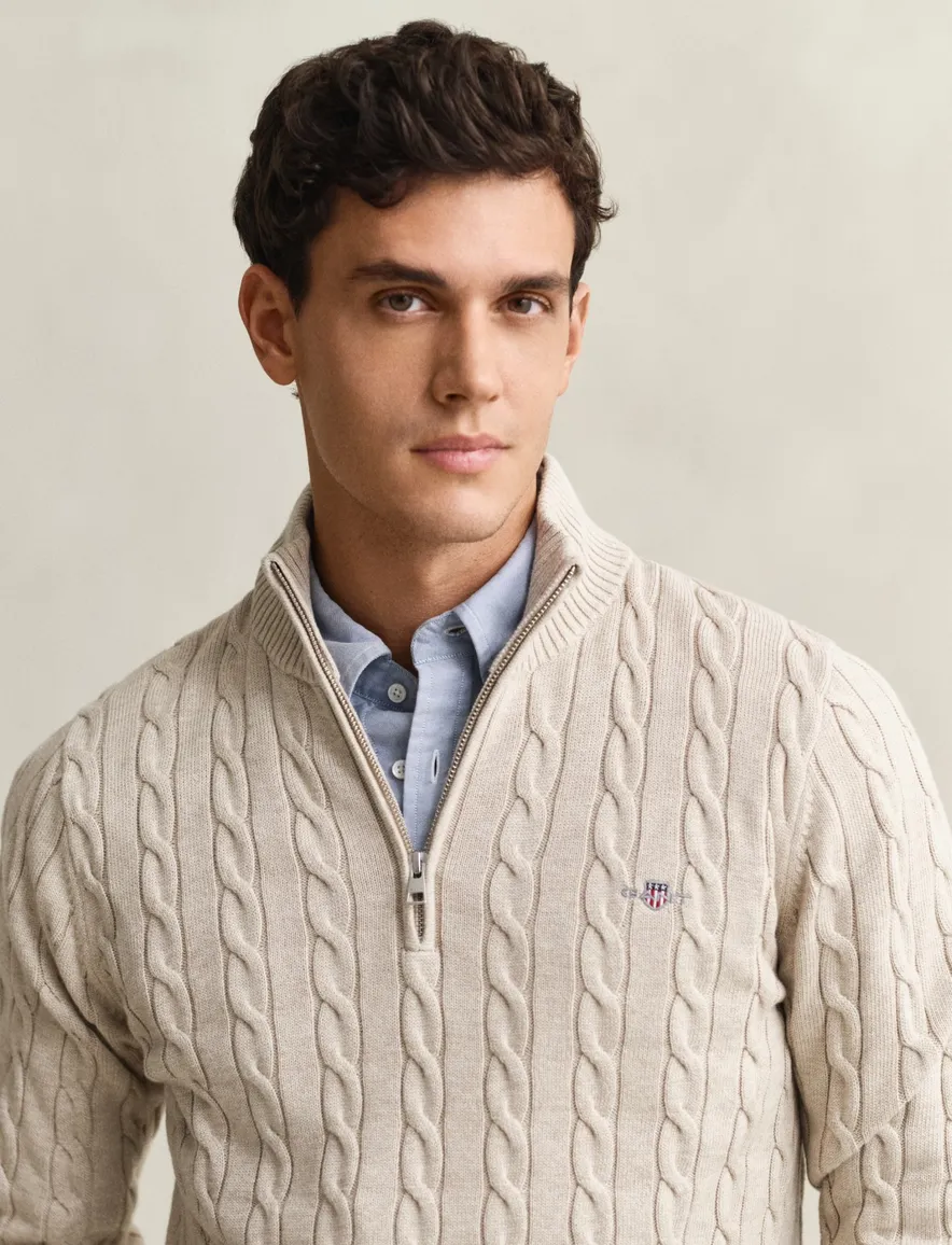 Gant kabeltrui beige half zip katoen