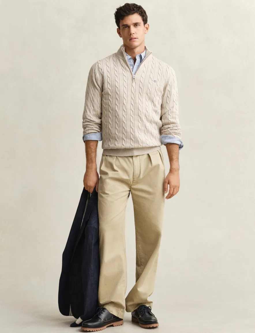 Gant kabeltrui beige half zip katoen