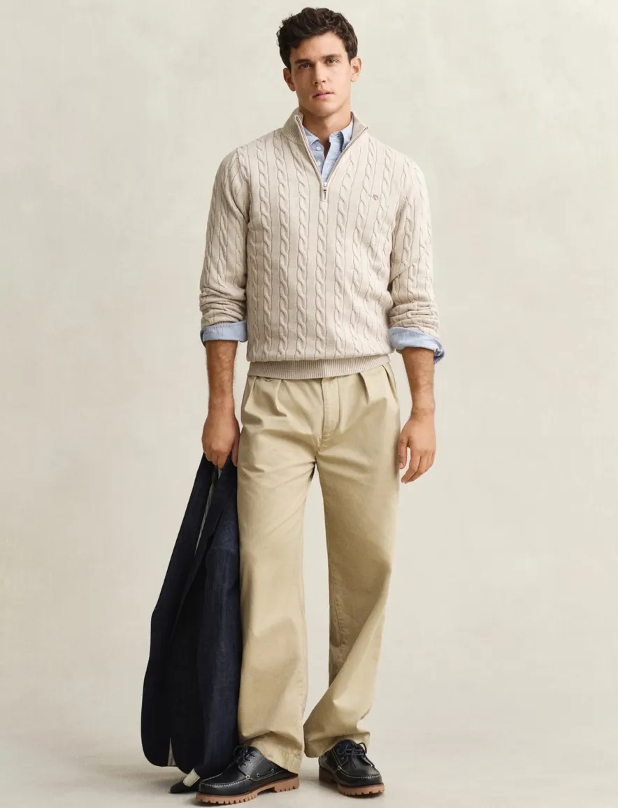 Gant kabeltrui beige half zip katoen