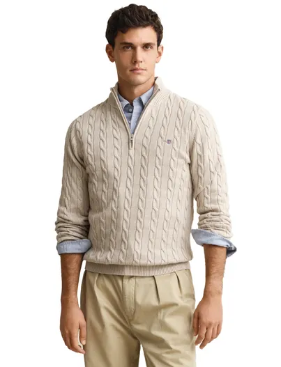 Gant Gant kabeltrui beige half zip katoen