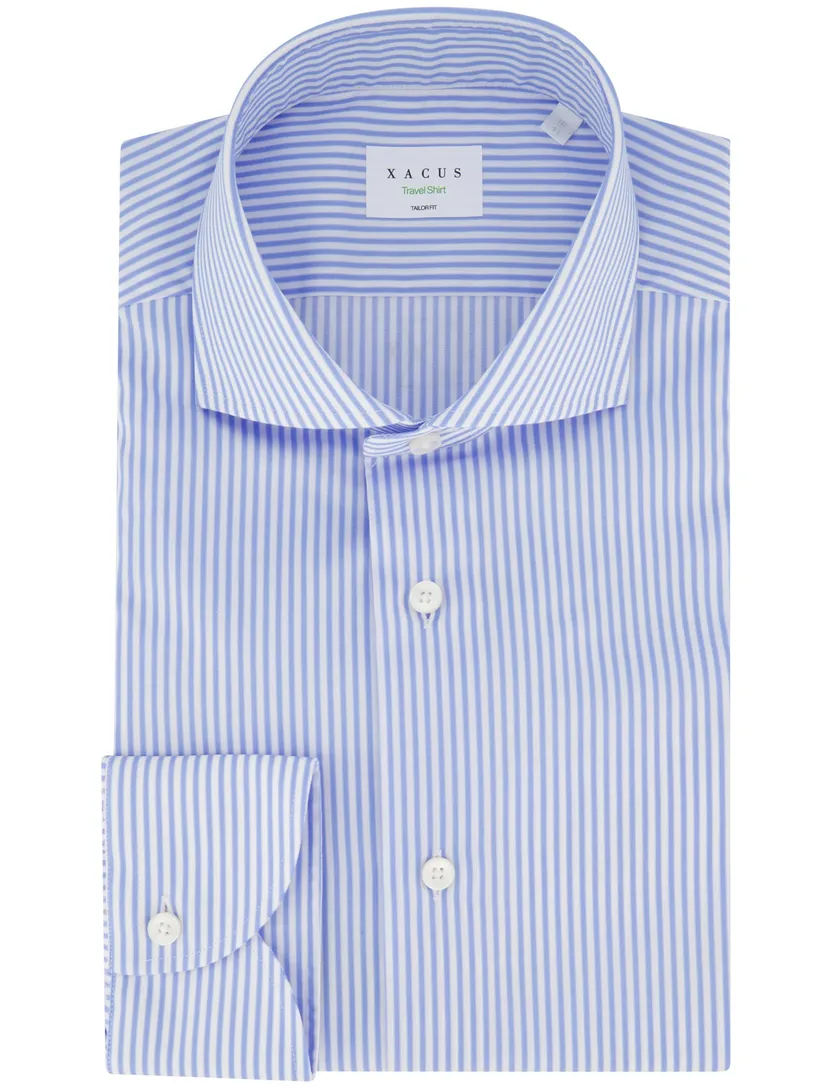 Xacus overhemd lichtblauw gestreept slim fit strijkvrij