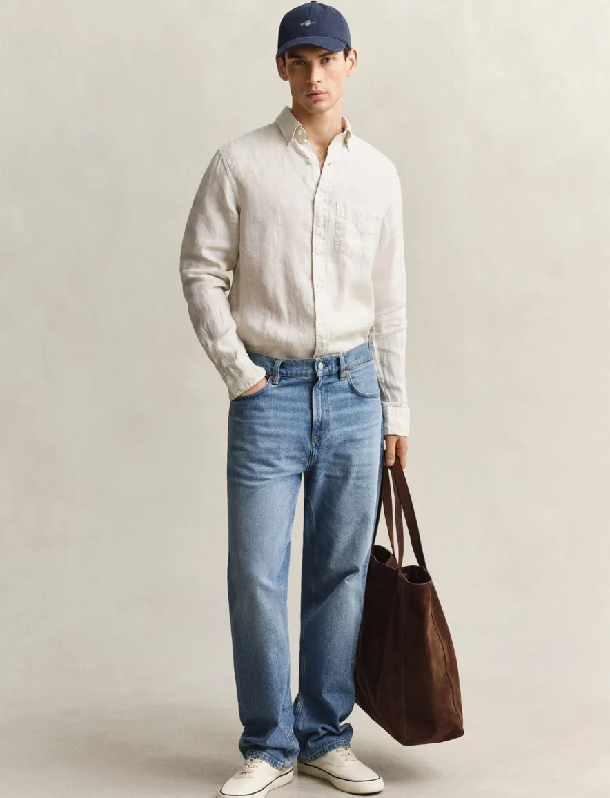 Gant overhemd beige linnen met borstzak