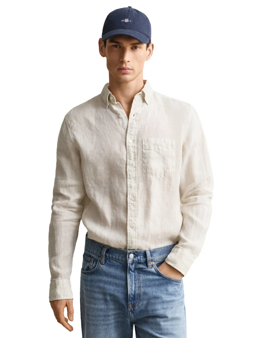 Gant overhemd beige linnen met borstzak
