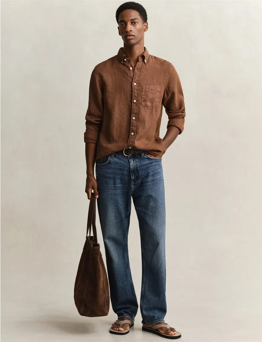 Linnen overhemd bruin Gant wijde fit button down