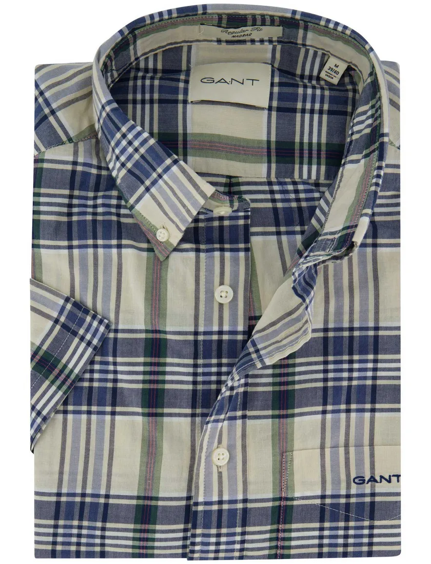 Gant Regular Fit Madras korte mouw overhemd geruit beige blauw