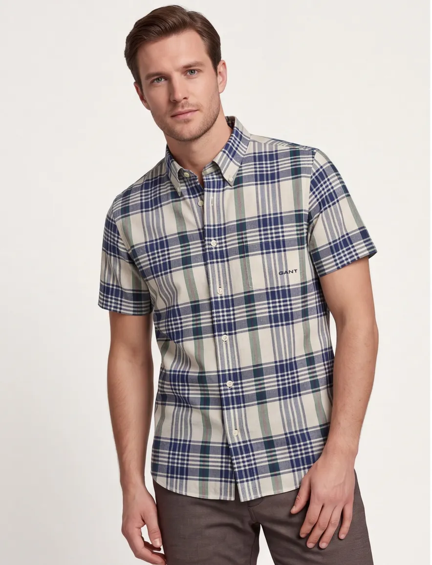 Regular Fit Gant Madras korte mouw overhemd blauw beige