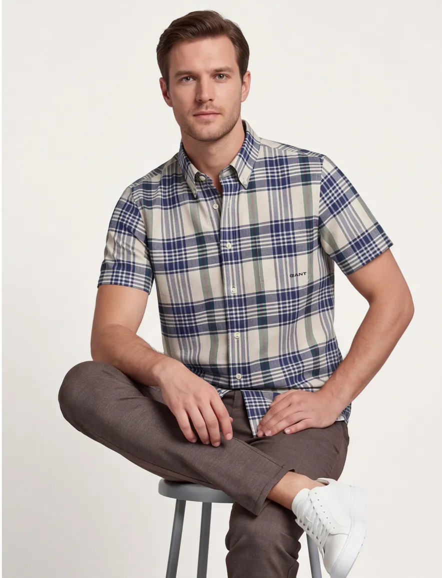 Gant overhemd korte mouw blauw geruit