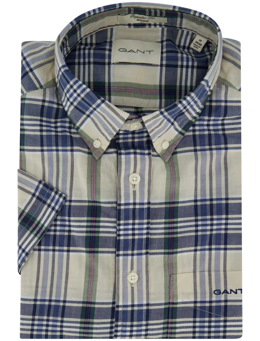 Gant Regular Fit Madras korte mouw overhemd geruit beige blauw