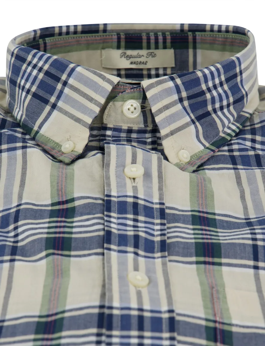 Gant Regular Fit Madras korte mouw overhemd geruit beige blauw