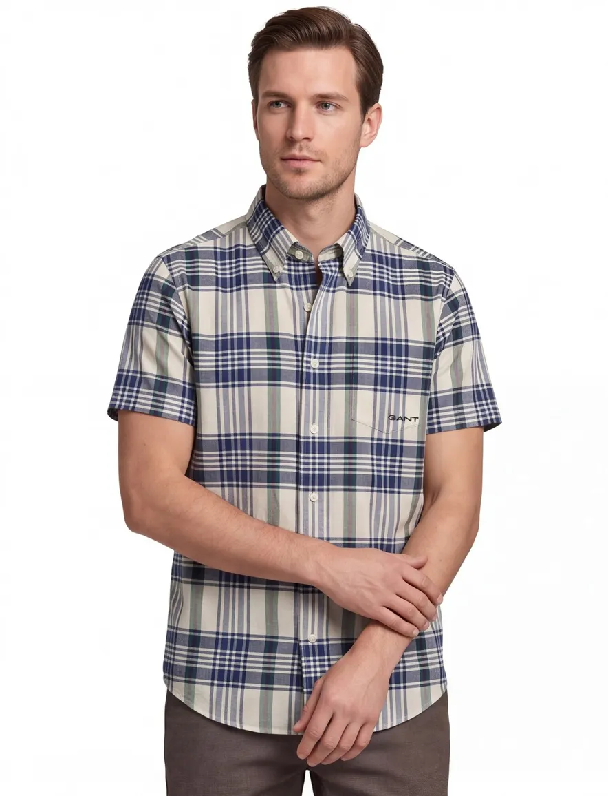Regular Fit Gant Madras korte mouw overhemd blauw beige