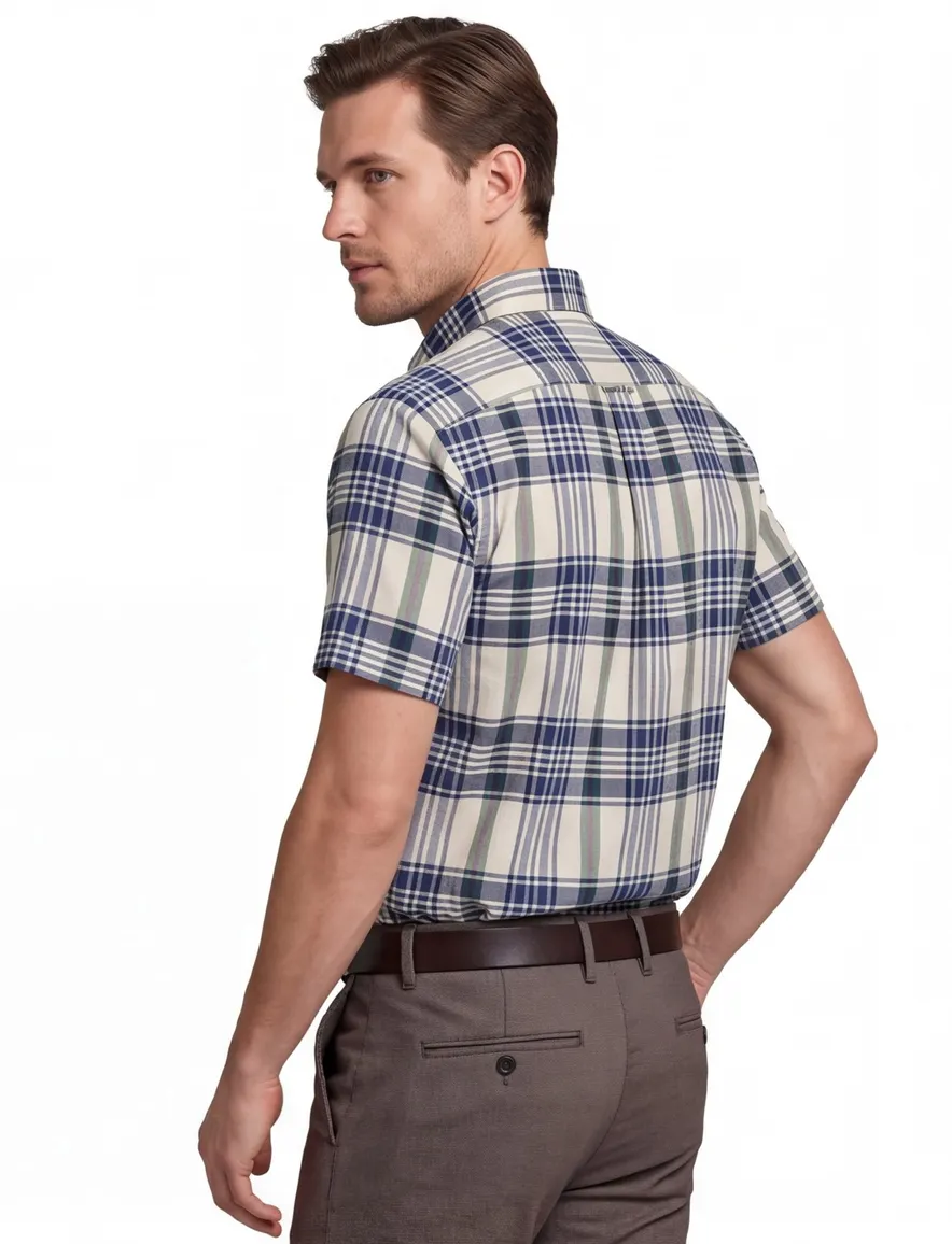 Regular Fit Gant Madras korte mouw overhemd blauw beige