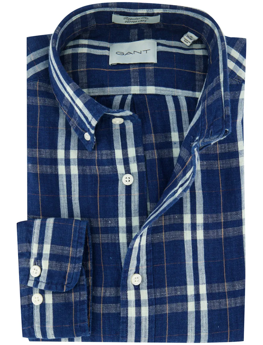 Gant Regular Fit overhemd donkerblauw wit geruit linnen