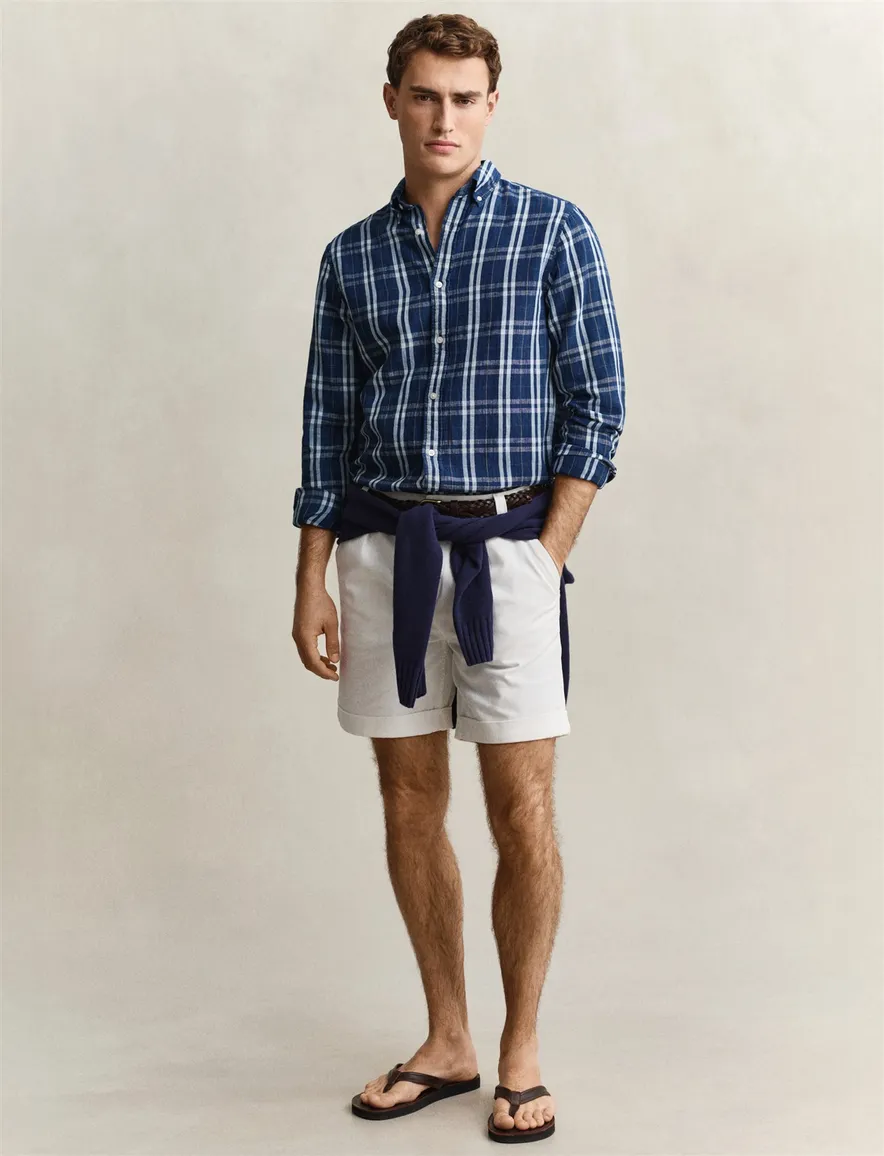Gant Regular Fit overhemd donkerblauw wit geruit linnen
