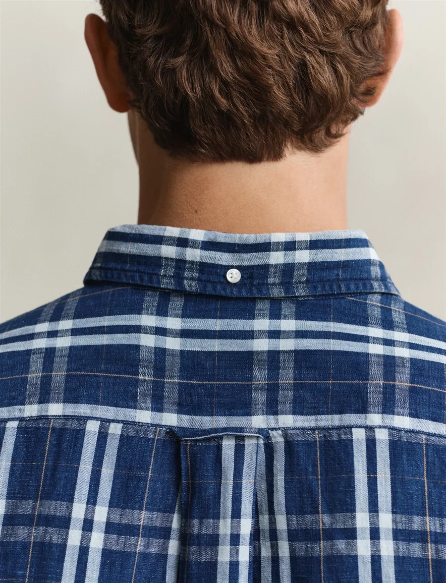 Gant Regular Fit overhemd donkerblauw wit geruit linnen