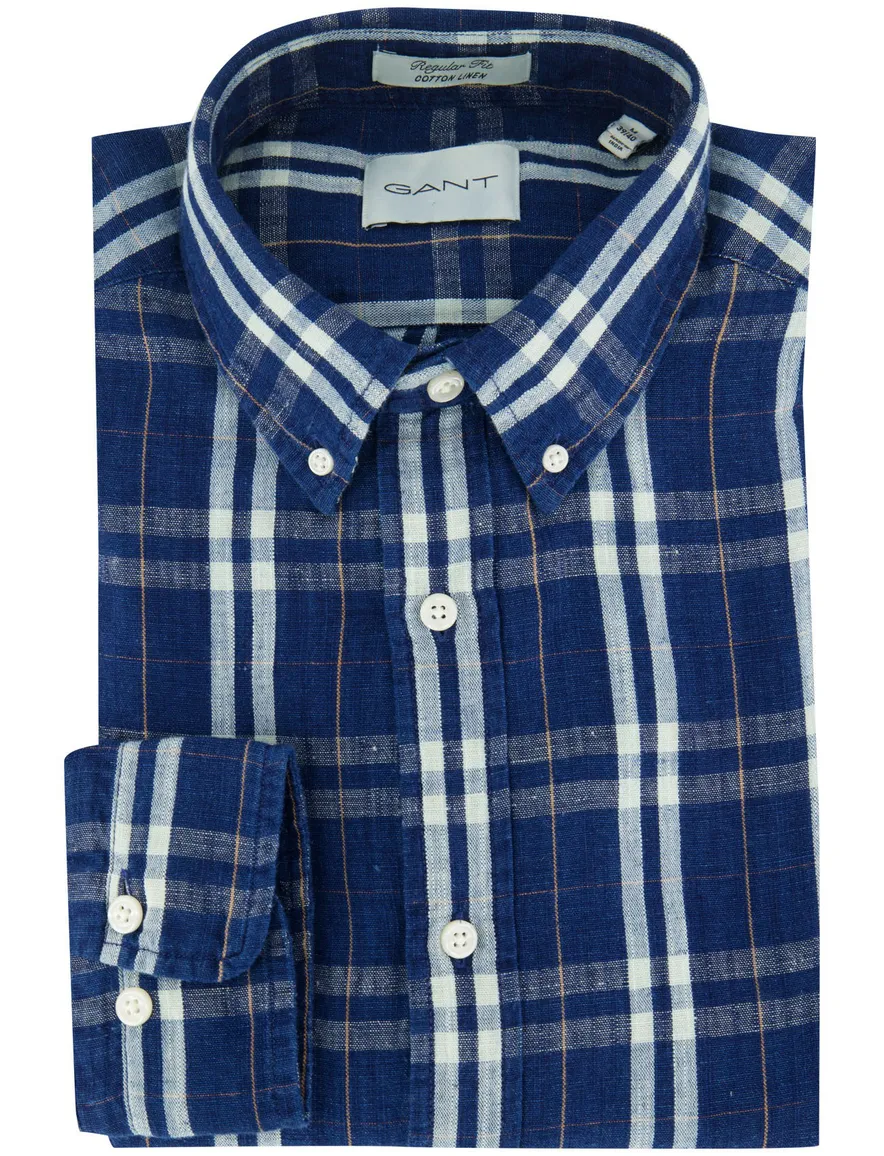 Gant Regular Fit overhemd donkerblauw wit geruit linnen